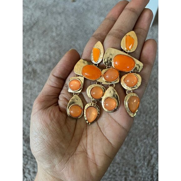 Chunky Orange earrings , large gold chandelier earrings  , vintage style , long - Picture 6 of 8